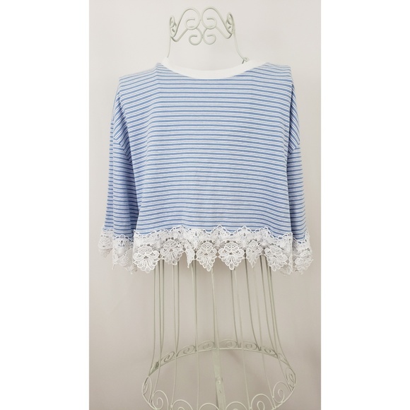 Topshop Tops - Topshop Striped Lace Trim Cropped Tee Shirt